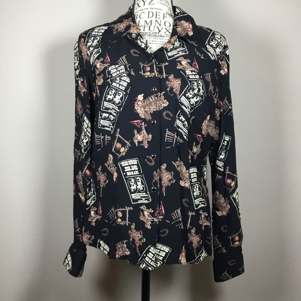 Black button down classic western Wild West pattern shirt rodeo Jesse James sz L